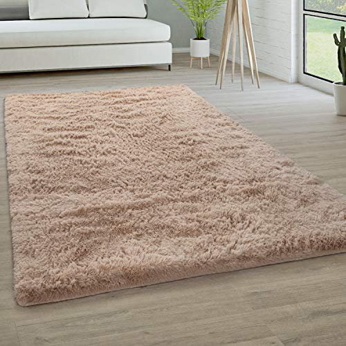 Paco Home Hochflor Teppich Wohnzimmer rutschfest Fellteppich Shaggy Flauschig Weich Modern Kunstfell Fell Imitat Einfarbig, Grösse:60x100 cm, Farbe:Beige
