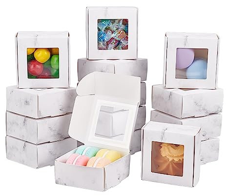 BENECREAT 30 paquet de Boîtes à Biscuits en Marbre de 6.5x6.5x3cm avec Fenêtre Boîtes à Gâteries de Boulangerie Blanches pour Bonbons, Petits Objets