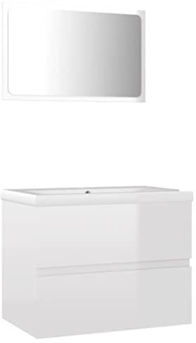 vidaXL Conjunto de Muebles de Baño Aseo Inodoro Armario Lavabo Fregadero Escurridor de Empuje Grifo Espejo Tocador Contrachapada Blanco Brillante