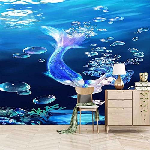 QMWZZV Custom Wallpaper 3D Mural Mermaid Under The Sea DIY Self-Adhesive Canvas Wallpapers Wall Murals for Living Room Bedroom Office Corridor Restaurant Hotel Bathroom Cafe Wall Decor 200x140 cm