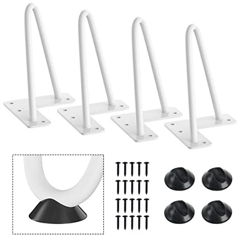 SMARTSTANDARD Lot de 4 pieds de meubles en épingle à cheveux robustes de 15,2 cm en métal pour meuble TV, canapé, armoire, etc. Avec protections de sol en caoutchouc Blanc