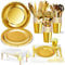 Nkaiso Vajilla de fiesta,141piezas Dorados Reutilizable set de juego de platos y cubiertos, cubertería de cartón, vasos y servilletas, para cumpleaños, bodas, aniversarios - 20 invitados