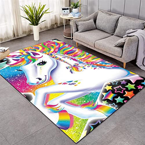 Xisnuient Tapis Licorne 3D Dessin Animé Arc-en-Ciel Cheval Motif Fille Garçon Chambre d'enfant Tapis De Jeu Salon Tapis Chambre Tapis Antidérapant Carpet D'entrée Couloir Rug (Couleur 2,50x120 cm)