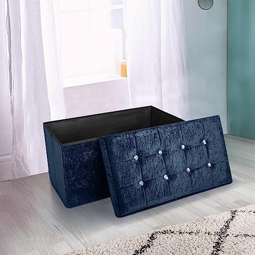 Home Republic Storage Ottoman, Padded Foldable Bench, Chest with Lid, Perfect for Bedroom, Hallway, Living Room (Crushed Velvet Navy Blue, 76x38cms)