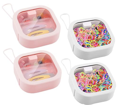 GAESHOW 4 Stück Tragbare Hair Tie Organizer, Haargummi Organizer, Durchsichtige Kleine Behälter für Haarspangen, Mini Haarspangen Organizer, Reise Schmuck Box für Haar Seile (Weiß+Rosa)