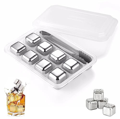 Edelstahl Eiswürfel Set, 8 Stück Whisky Steine Edelstahl Set, mit Silikonclip, für Whiskey, Wodka und Tequil, Silber