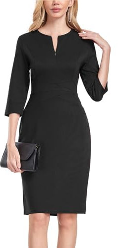 MINTLIMIT Womens Front Zipper Round Neck 3/4 Sleeve Sheath Formal Pencil Cocktail Party Work Dresses Black