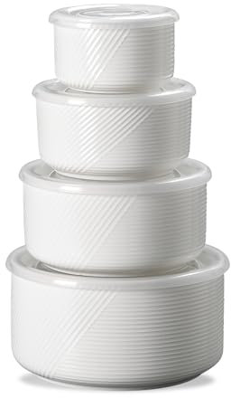 Adewnest Ceramic Nesting Bowls with Lids: Mixing Bowls with Lids - Porcelain Food Storage Containers For Prep and Serving, Microwavable Kitchen Bowl Set of 4, 50/32/20/10 oz (White)