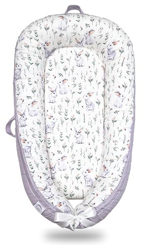 EAQ Nido Bebé Recién Nacido 90 x 50 cm Algodón 100%, Reductor de Cuna Nidos para Recién Nacidos y Bebés, Cuna Cama de Viaje Portátil, Funda Removible y Lavable (conejito)