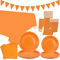 Orange Party Tableware - 20 Set Pastel Decoration Dinnerware Includes Plates, Cups, Napkins, Banner, Tablecloth for Graduation, Wedding, Birthday Parties
