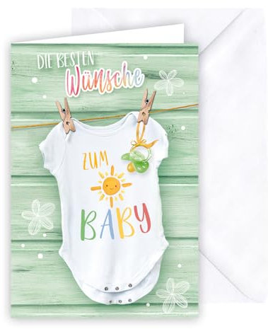 KE - Farbenfrohe Glückwunschkarte zur Geburt für Jungen und Mädchen, inkl. Umschlag, DIN B6 Format, Karte zum Baby, weiß, Motiv: Boddy auf Wäscheleine