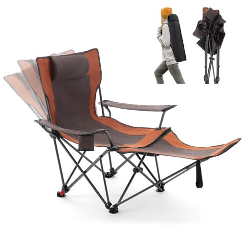 Rotinyard Chaise de camping inclinable avec repose-pieds, chaise longue pliante pour adultes, support de chaise d'extérieur de 136,1 kg avec dossier réglable et porte-gobelet, chaise de plage portable