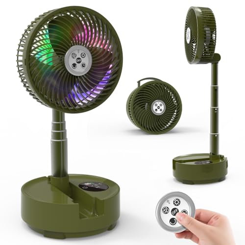 xumemall Foldable Oscillating Pedestal Fan with Remote, 8 USB C Rechargeable 20000mah Battery Powered Fan with LED Colorful Lights, Portable Floor Fan - Camping, Table, Home Travel Green