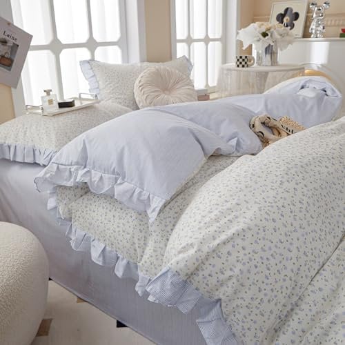 Garten-Stil Spitzen-Bettbezug, niedlicher blauer Blumendruck, Rüschen, Bettbezug, Doppelbett, Baumwolle, gestreift, Mädchen, Blumenmuster, Trösterbezug mit Spitze, Prinzessinnen-Bettwäsche-Set