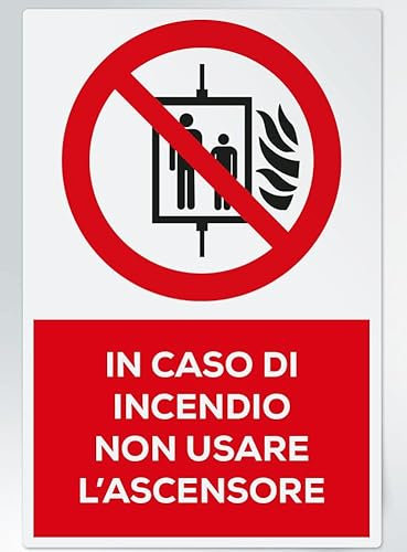 GLOBAL CARTELLO SEGNALETICO - Vietato usare l'ascensore in caso di incendio - Segnale Adesivo Extra Resistente, Pannello in Forex, Pannello In Alluminio (Pannello In Plastica, 20x31 cm)