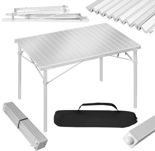 WOLTU Mesa de Camping Plegable - Aluminio, Comedor, Jardín, Trabajo, Balcón, Picnic - Tablero Enrollable, Alta Capacidad de Carga - 104 x 69 x 70cm, Plata