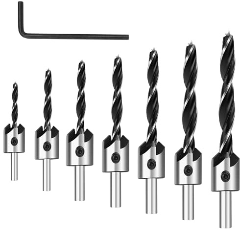 ROGAPER Kegelsenker-Bohrer-Set, 7-teilig, Senkbohrer, M2 HSS, mit 1/4-Zoll-Standardschaft und Inbusschlüssel, Senkkopf-Bit für Holzbearbeitung und Tischlerei, Pilotschraubenloch-Set
