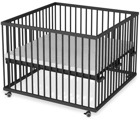Sämann Laufstall Baby mit Matratze, Schlupfsprossen & Lattenrost | stufenlos höhenverstellbar | Laufgitter Premium | Babybett aus Holz | Krabbelgitter (schwarz, 100x100 cm)