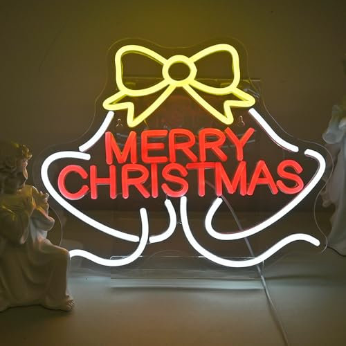 GLYOX Merry Christmas Neon sign Joyeux Noël Panneau Néon Cloche Lumières Néon Led pour Décoration Murale Panneaux Lumineux pour la Maison Décorations de Fête de Noël Famille Enfants Cadeaux