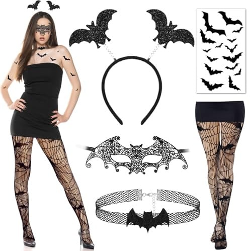 DPKOW Halloween Haarreif Tag der Toten Gesicht Tattoos Temporäre Halloween Spinne Fledermaus Tattoos Halloween Netzstrumpfhose Strümpfe Halskette, Halloween Kostüm Accessoires Damen Tag der Toten