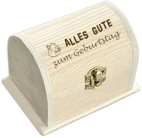 Geldgeschenk kleine Schatztruhe 'Alles Gute zum Geburtstag' – Personalisierte Holzkiste für Gut- & Geldscheine & Kleingeschenke, 10,5x6,5x7cm mit Gravur, Scharnier & Metallschloss, perfektes Geschenk