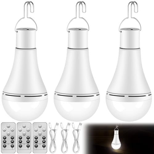 GBKDQQ Pack de 3 ampoules rechargeables USB, ampoule LED à pile 12W avec crochet et télécommande, ampoules LED 3 modes à piles, lampe de camping éclairage de secours