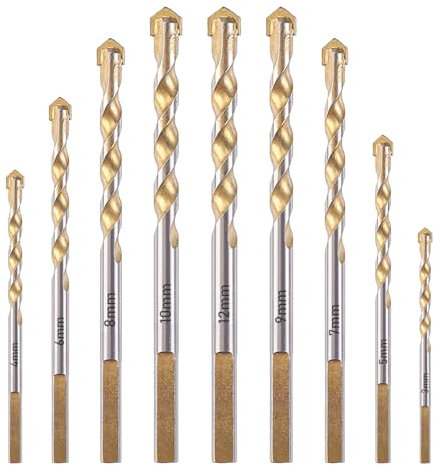Sxutop 9 Pièces Forets pour Carrelage Meche Verre Ø 3mm - 12mm Forets professionnels à Queue Ronde et Triangulaire Multi-Matériaux pour Carreaux de Céramique Béton Verre Plastique et Bois