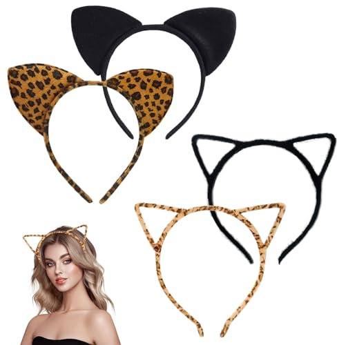 UILYNIU 4 Pièce Animaux Costume Serre Tete Pour Adultes, Serre-Tête Oreille de Chat Cosplay, Serre-Tête Oreilles de Léopard, Déguisement Animal Accessoire Fête Halloween Carnaval (4PCS, L)