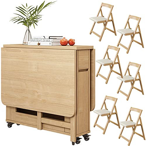 asdchZen Ausziehbares Esstisch-Set Aus Holz Für 4 Personen Mit Klappstühlen, Ideal Für Küche, Esszimmer Und Wohnzimmer, Holzfarbe, Inklusive 6 Stühlen
