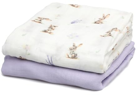Kiokids | Set 2 Muselinas Conejitos y Lavanda | Colección Petit Moments | 70% Bambú y 30% Algodón | Ultra Suaves | Antibacterianas y Termo Climáticas | Protector Rayos UV |+0 Meses | 120x120cm