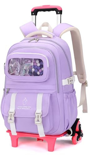 Amythe Schulranzen mit Rollen für Mädchen, Schultrolley Mädchen mit 6 Rädern, DIY Schultasche für Grund- & Sekundarschüler, Abnehmbar Trolley Schulrucksack für Reise, Lila