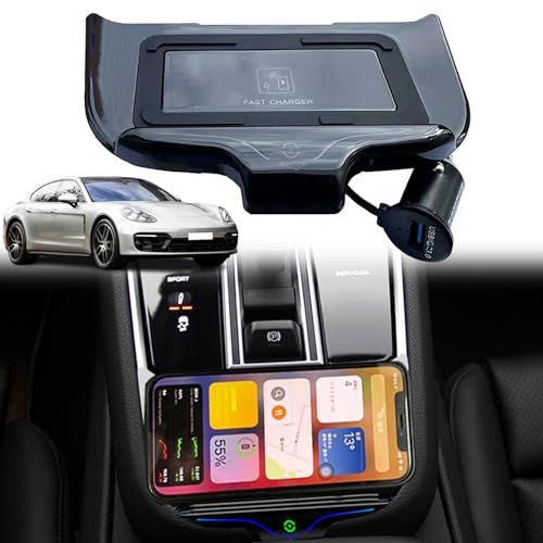 Caricabatterie wireless per auto per Panamera tutti i modelli accessorio per auto, base di ricarica rapida per telefono da 15 W con USB + QC3.0 funziona con qualsiasi telefono abilitato QI, nero