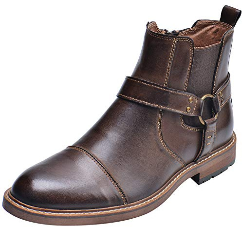 rismart Stivali da uomo in pelle alla caviglia Chelsea con punta e cerniera, eleganti stivaletti, Caff, 12 UK