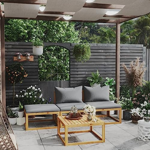 Emmtore Akazienholz Massiv Gartenmöbel mit Auflagen Sofa Lounge Garten Garnitur Sitzgruppe Gartenset Sitzgarnitur Gartensofa Tisch,Dunkelgrau,2xMittelteil+Fußstütze+Tisch