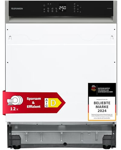 Telefunken Geschirrspüler 60 cm teilintegrierbar, Einbau Spülmaschine, 12 Maßgedecke, 6 Programme, AquaStop, Startzeitvorwahl, Auto-Door, leise 45 dB, Eco, höhenverstellbar, Besteckkorb, GET6012DI