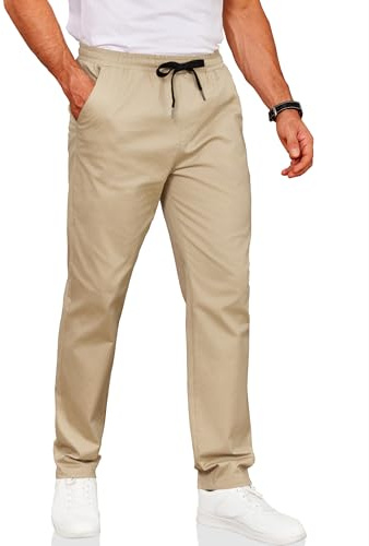 COOFANDY Mens Drawstring Cotton Pants Casual Pull On Leisure Pants Slim Fit Stretch Waist Band Slacks Spring 33x29 32x29 Light Khaki Beige