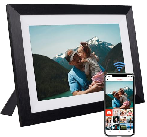 Marco de Fotos Digital WiFi Moldura Digital en Madera Natural 32GB Digital Photo Frame Pantalla Táctil IPS 10.1” Rotación Automática Soporte USB/SD Marco Digital Comparte Fotos con Frameo (Negro)