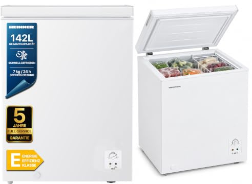 HEINNER HCF-HS142E++ Gefriertruhe – 142 L Fassungsvermögen, energiesparend (Energieklasse E), leiser Betrieb, reversible Tür links/rechts für flexible Platzierung, Weiß, inkl. 5‑Jahres‑Garantie