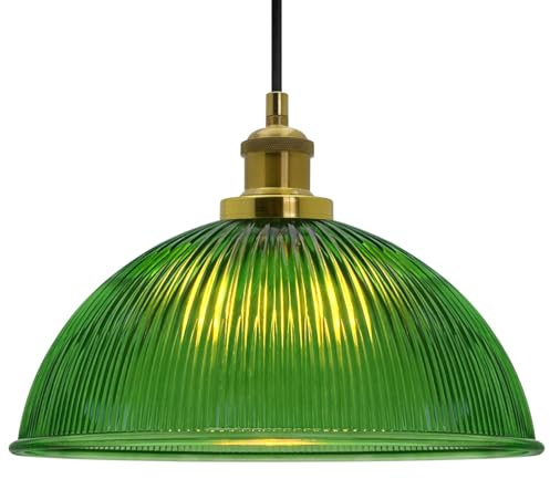 Brass Pendant Light Fixture Ribbed Glass Green Ceiling Lamp Shade Retro Island Lights K446
