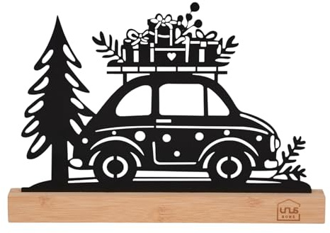 UNUS Weihnachtsdeko Aufsteller Auto mit Geschenken und Tannenbaum Metall | in Schwarz oder Weiß mit Bambus-Sockel winterliche Tischdeko ca. 28 x 20 cm
