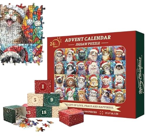 Weihnachts-Adventskalender 2024, 1000-teiliges Katzen-Puzzle, Countdown-Set für Kinder, Teenager, Erwachsene, Familie, Feiertagsspiele und Weihnachtsdekorationen, 24-Tage-Adventspuzzle