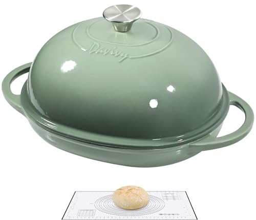 Davivy 5,5L ovaler Gusseisen-Brotbacktopf, 22x28cm Dutch Oven mit gewölbtem Deckel, ideal für Sauerteigbrot und Backen (Meersalzgrün, mit Silikonauskleidung)