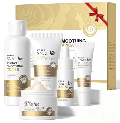 Schnecken Hautpflege Set,Schneckenpflege Gesichtspflege 5-teiliges Set,Snail Mucin Hautpflege Set für Damen,Mit Reinigungsmilch,Toner,Serum,Creme & Augenpflege,Für Alle Hauttypen,Feuchtigkeitsspendend