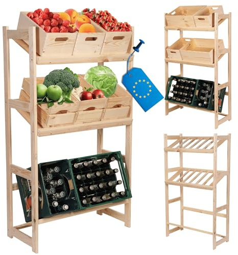 MODO24 Kistenregal Holz 124,2x70x33cm mit 3 Kistenböden, stabiles Standregal für 3 Getränkekisten, Massivholzregal Lagerregal für Küche Speisekammer Keller, Getränkekistenhalter, Natur