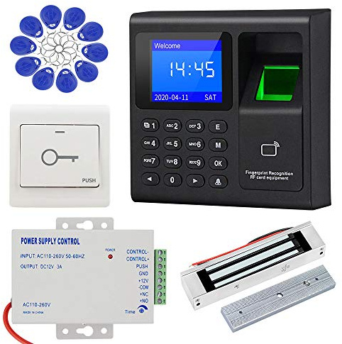 LIBO Complete RFID Access Control System Fingerprint Access Controller Keypad, DC12V Power Supply Transformer, 180kg/350lbs Electric Magnetic Lock with Door Switch Button, 125KHz ID Cards Keychains