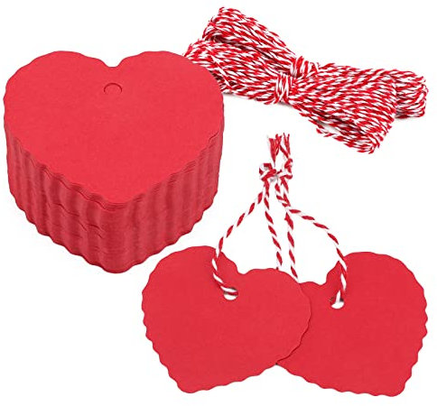 Herz Geschenkanhänger Valentinstag Anhänger Kraftpapier Etiketten, 100 Stück Tags mit Rot und Weiß Schnur, für Hochzeit Geschenke Basteln Deco (Rot)