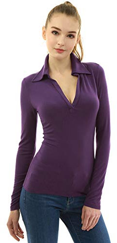 AmélieBoutik Polo a maniche lunghe con scollo a V da donna, Viola, S
