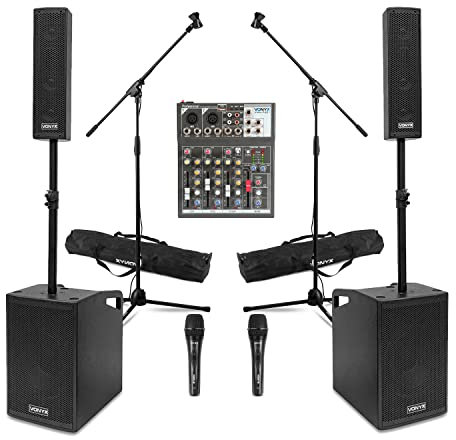VONYX VX1050 Portable Column PA System With Mixer, Stands & 2 Mics - Professional Vocalist All-in-One Speaker Kit for Live Performances & Events