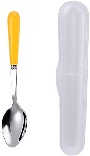 Goeielewe Cucharas de pomelo con bordes redondos serrados para cítricos, kiwi, fruta y postre, mango de cerámica, cucharas de postre de acero inoxidable con caja de almacenamiento (amarillo)