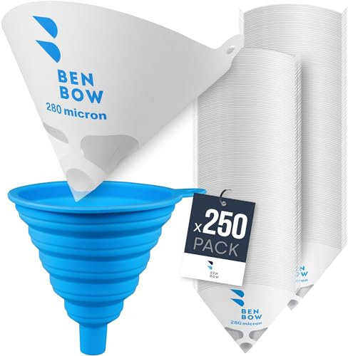 BenBow Filtro per Vernice 280µ x 250 Pezzi - Filtro monouso in Carta con Tessuto in Nylon e Comodo Imbuto in Silicone - per filtrare Vernici e Colori da impurità